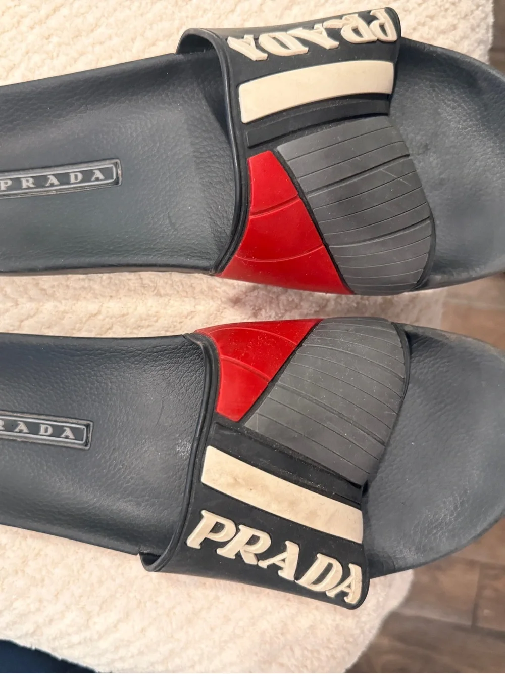 Prada Men’s Black, Red & Gray Rubber Slide Sandals